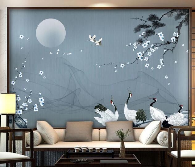 3D Moon Blossom Branch Crane Wall Mural Wallpaper 1505- Jess Art Decoration