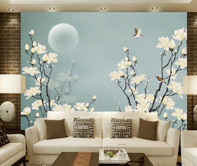 3D Blue Magnolia Bird Wall Mural Wallpaper 2160- Jess Art Decoration