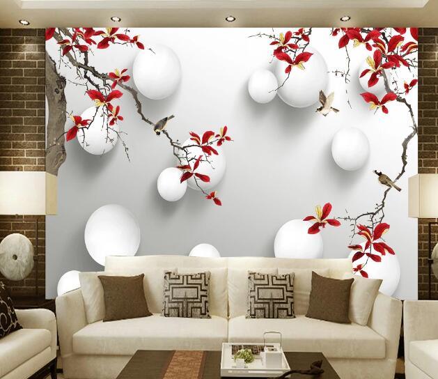 3D Branch Bird Ball Wall Mural Wallpaper 2100- Jess Art Decoration