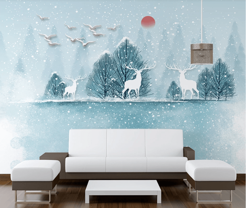 3D Blue Trees Elk Bird Snow Wall Mural Wallpaper 1405- Jess Art Decoration
