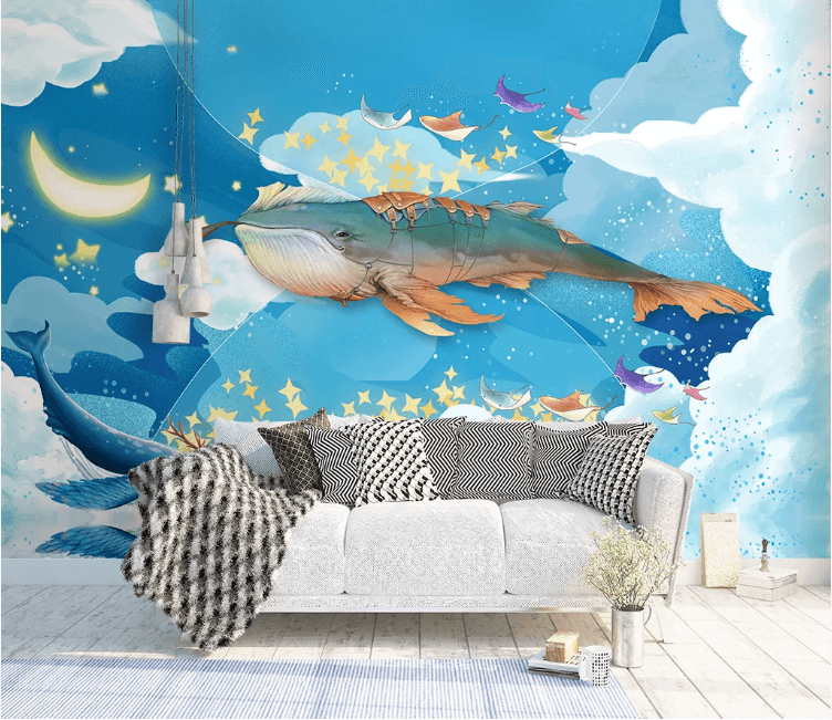3D Blue Shark Moon Star Wall Mural Wallpaper 2275- Jess Art Decoration