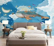 3D Blue Shark Moon Star Wall Mural Wallpaper 2275- Jess Art Decoration