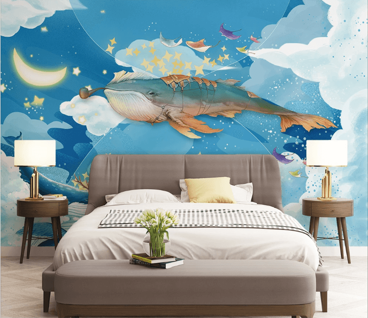 3D Blue Shark Moon Star Wall Mural Wallpaper 2275- Jess Art Decoration