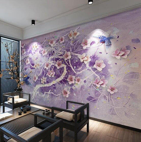 3D Purple Blossom Bird Wall Mural Wallpaper 1880- Jess Art Decoration