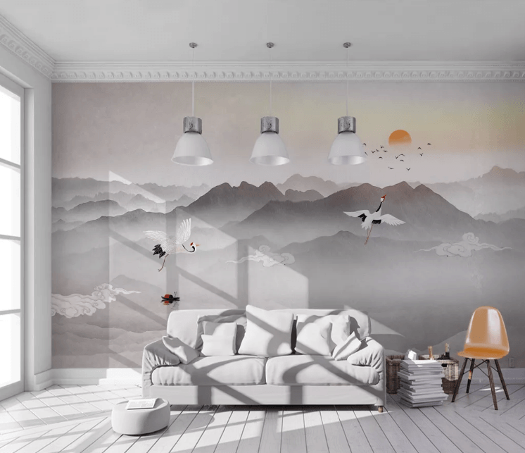 3D Mountains Crane Clouds Bird Wall Mural Wallpaper 2650- Jess Art Decoration