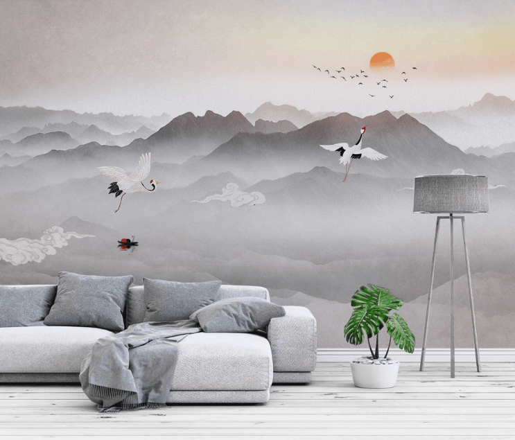 3D Mountains Crane Clouds Bird Wall Mural Wallpaper 2650- Jess Art Decoration