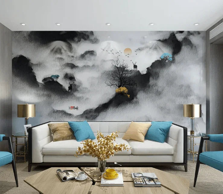 3D Watercolor Ink Tree Elk Boat Bird Wall Mural Wallpaper 2592- Jess Art Decoration