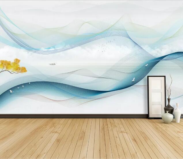 3D Blue Wavy Tree Boat Wall Mural Wallpaper 1455- Jess Art Decoration
