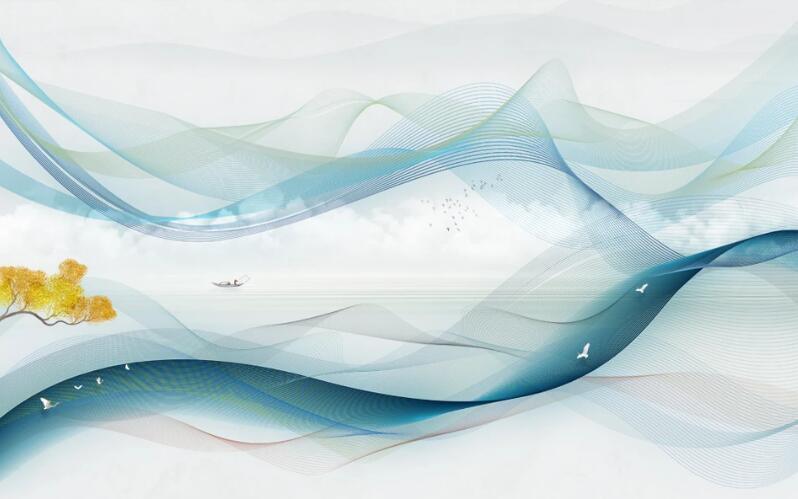 3D Blue Wavy Tree Boat Wall Mural Wallpaper 1455- Jess Art Decoration