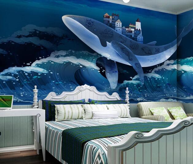 3D Blue Wave Shark Castle Wall Mural Wallpaper 2367- Jess Art Decoration