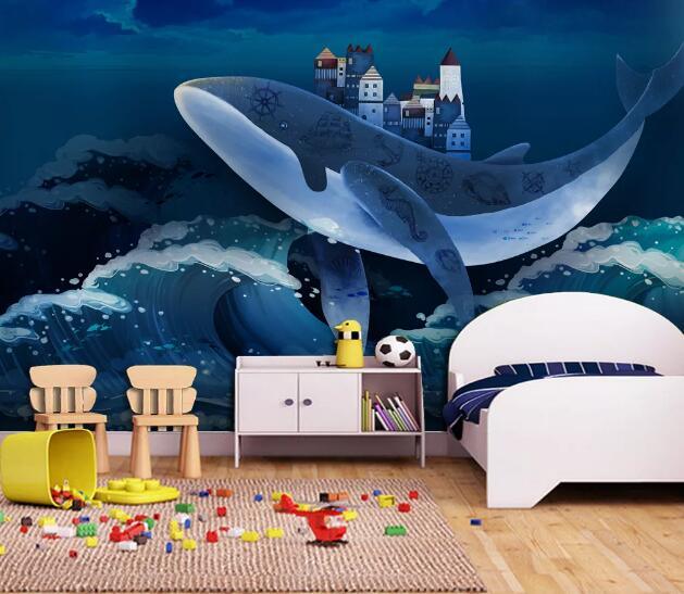 3D Blue Wave Shark Castle Wall Mural Wallpaper 2367- Jess Art Decoration