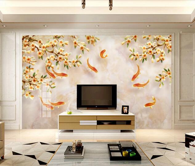 3D Blossom Fish Wall Mural Wallpaper 1285- Jess Art Decoration