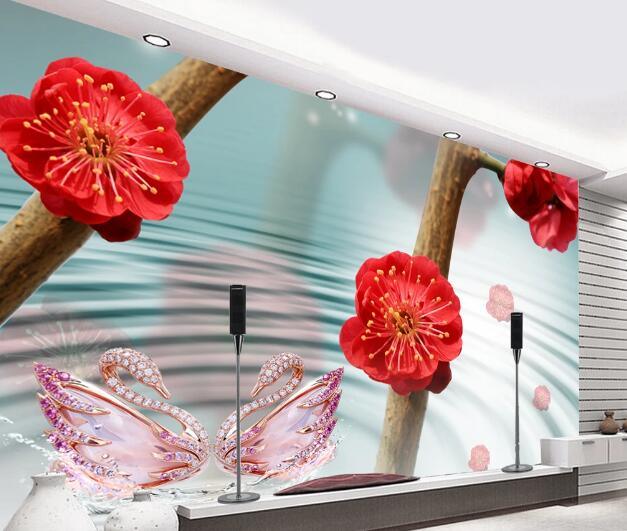 3D Blossom Swan Wall Mural Wallpaper 2030- Jess Art Decoration