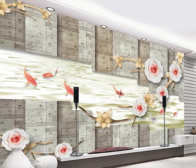 3D Blossom Branch Fish Brick Wall Mural Wallpaper 1999- Jess Art Decoration