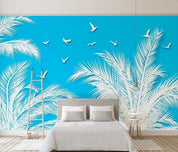 3D Blue Tropical Leaves Bird Wall Mural Wallpaper 2146- Jess Art Decoration