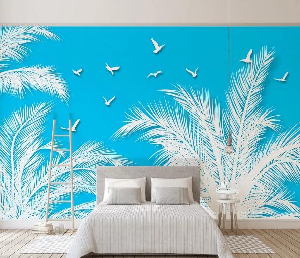 3D Blue Tropical Leaves Bird Wall Mural Wallpaper 2146- Jess Art Decoration