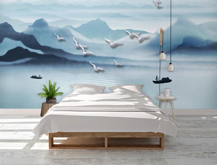 3D Blue Mountains Boat Bird Wall Mural Wallpaper 2247- Jess Art Decoration