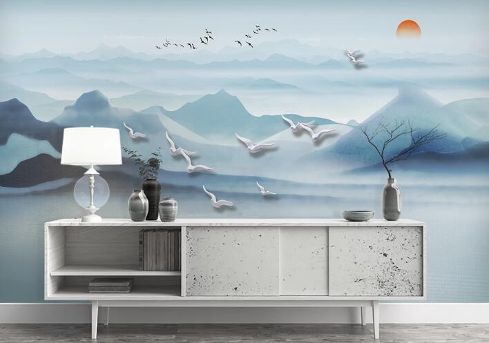 3D Blue Mountains Boat Bird Wall Mural Wallpaper 2247- Jess Art Decoration