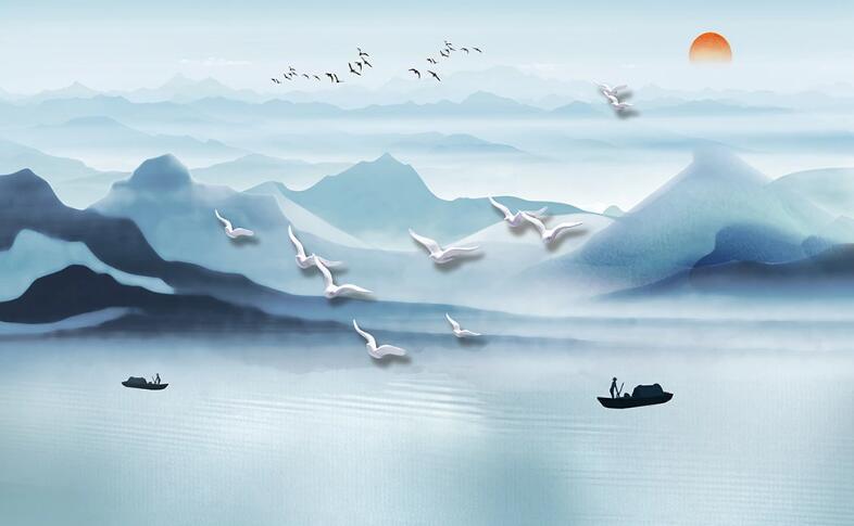 3D Blue Mountains Boat Bird Wall Mural Wallpaper 2247- Jess Art Decoration