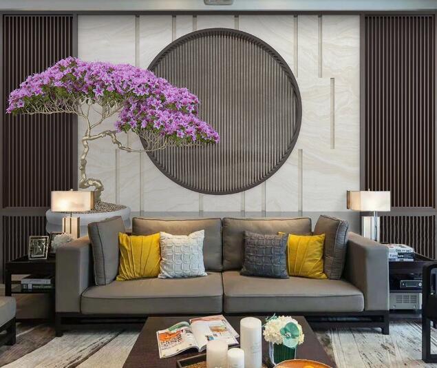 3D Purple Blossom Tree Circle Geometric Wall Mural Wallpaper 1430- Jess Art Decoration