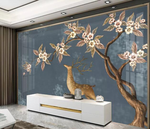 3D Blossom Elk Tree Wall Mural Wallpaper 1537- Jess Art Decoration