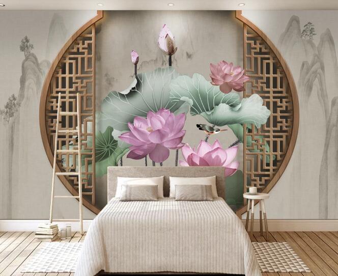 3D Mountains Lotus Leaves Wall Mural Wallpaper 1351- Jess Art Decoration