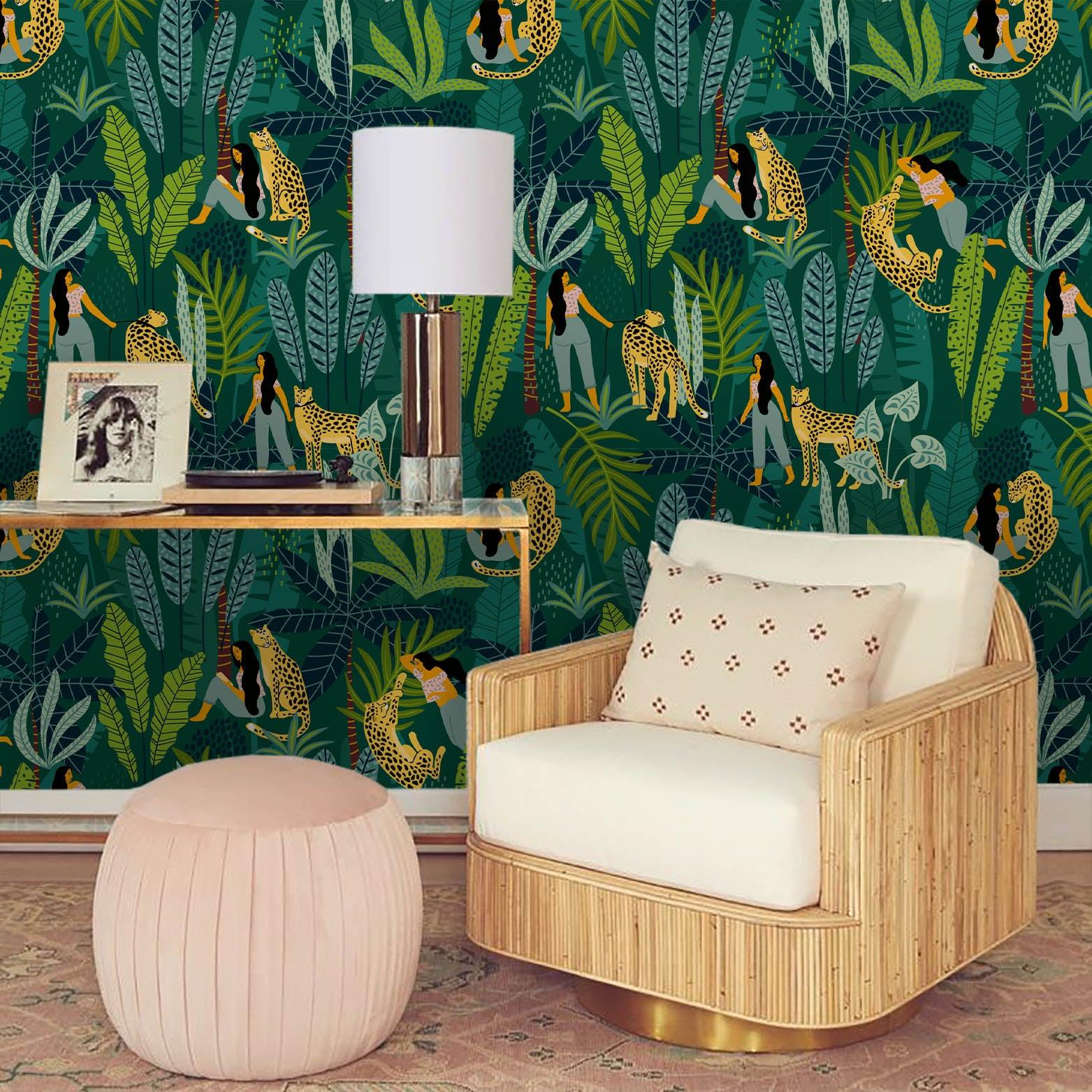 3D Leopard Green Leaf Woman Wall Mural Wallpaper 35- Jess Art Decoration