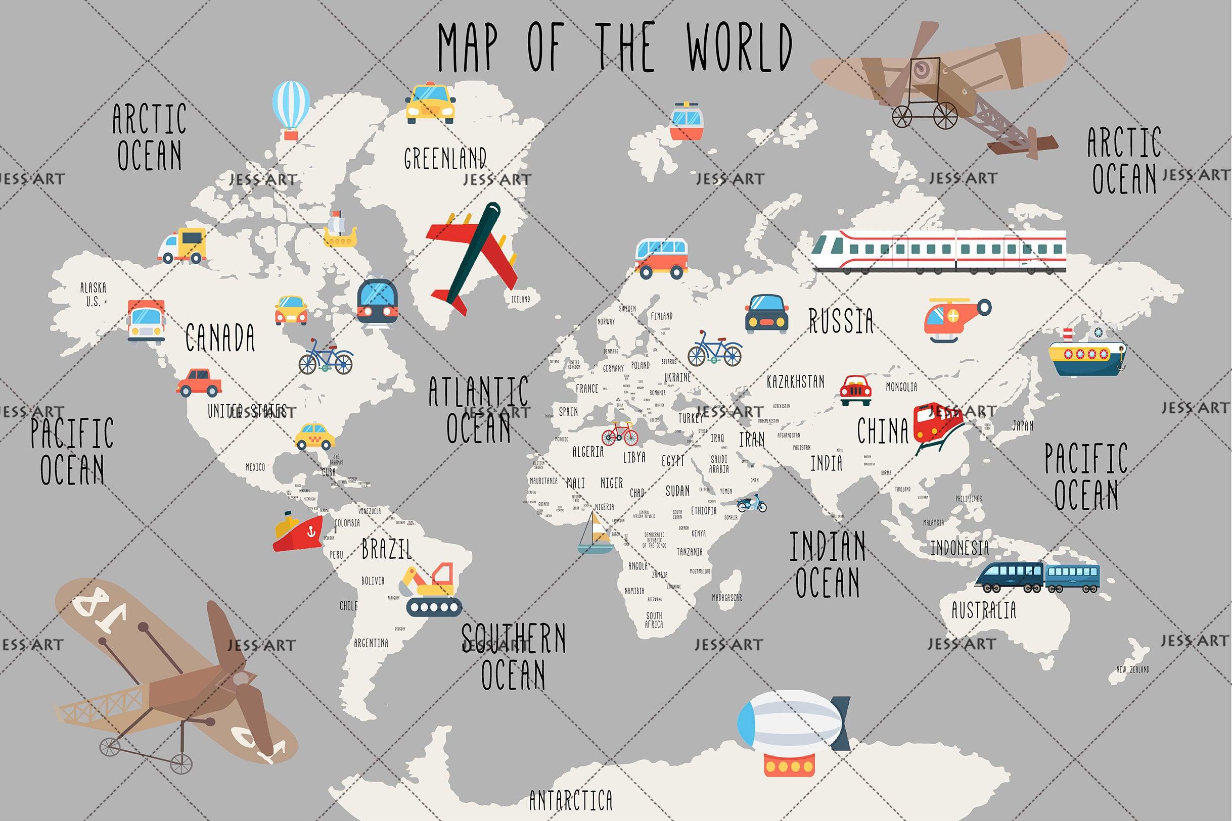 3D Cartoon Grey World Map Wall Mural Wallpaper LQH 97- Jess Art Decoration