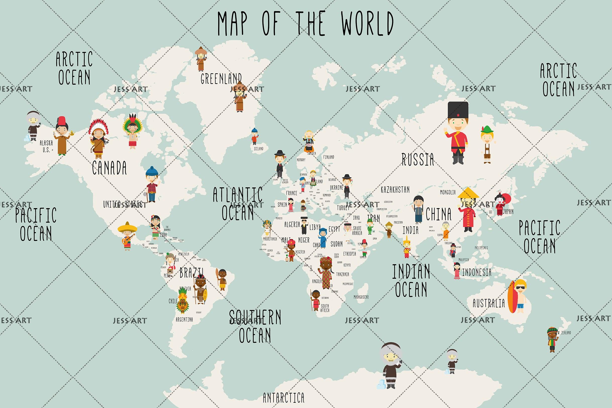 3D Cartoon World Map Wall Mural Wallpaper LQH 82- Jess Art Decoration