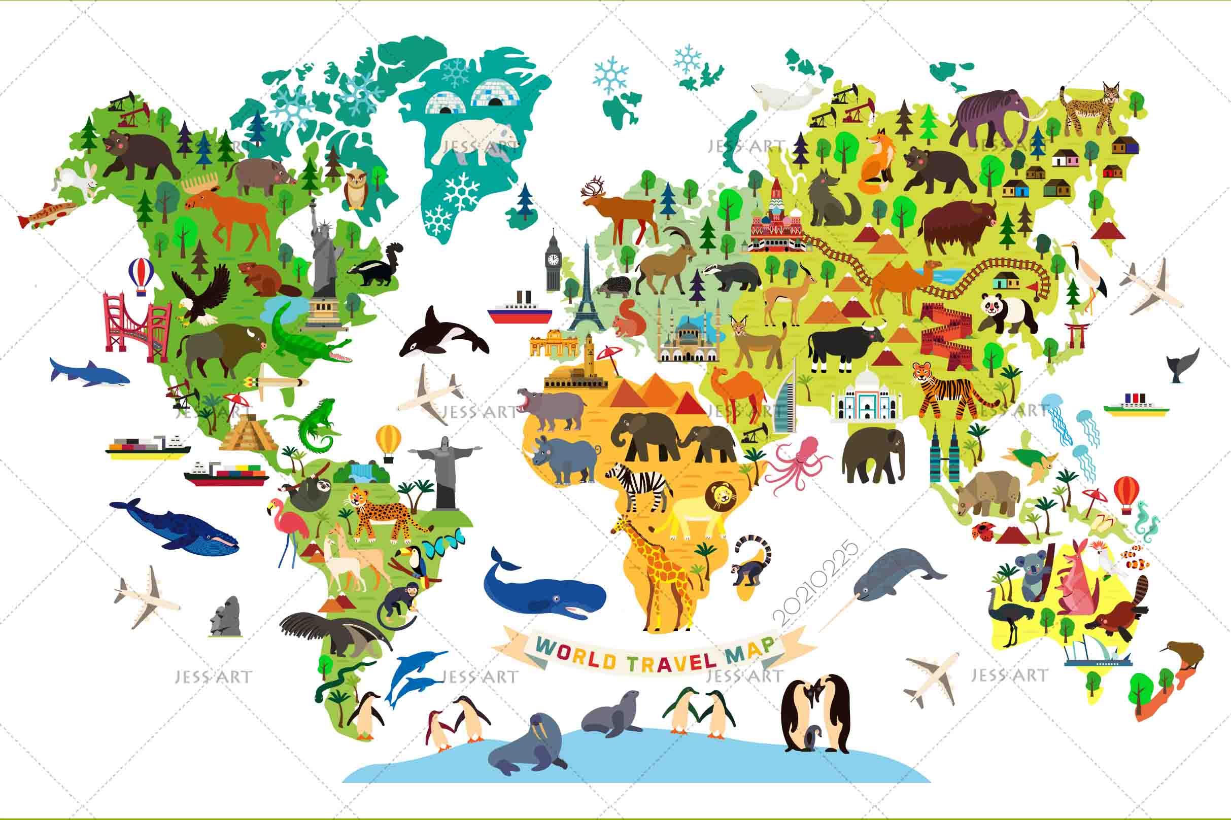 3D Cartoon World Map Animals Wall Mural Wallpaper LQH 168- Jess Art Decoration