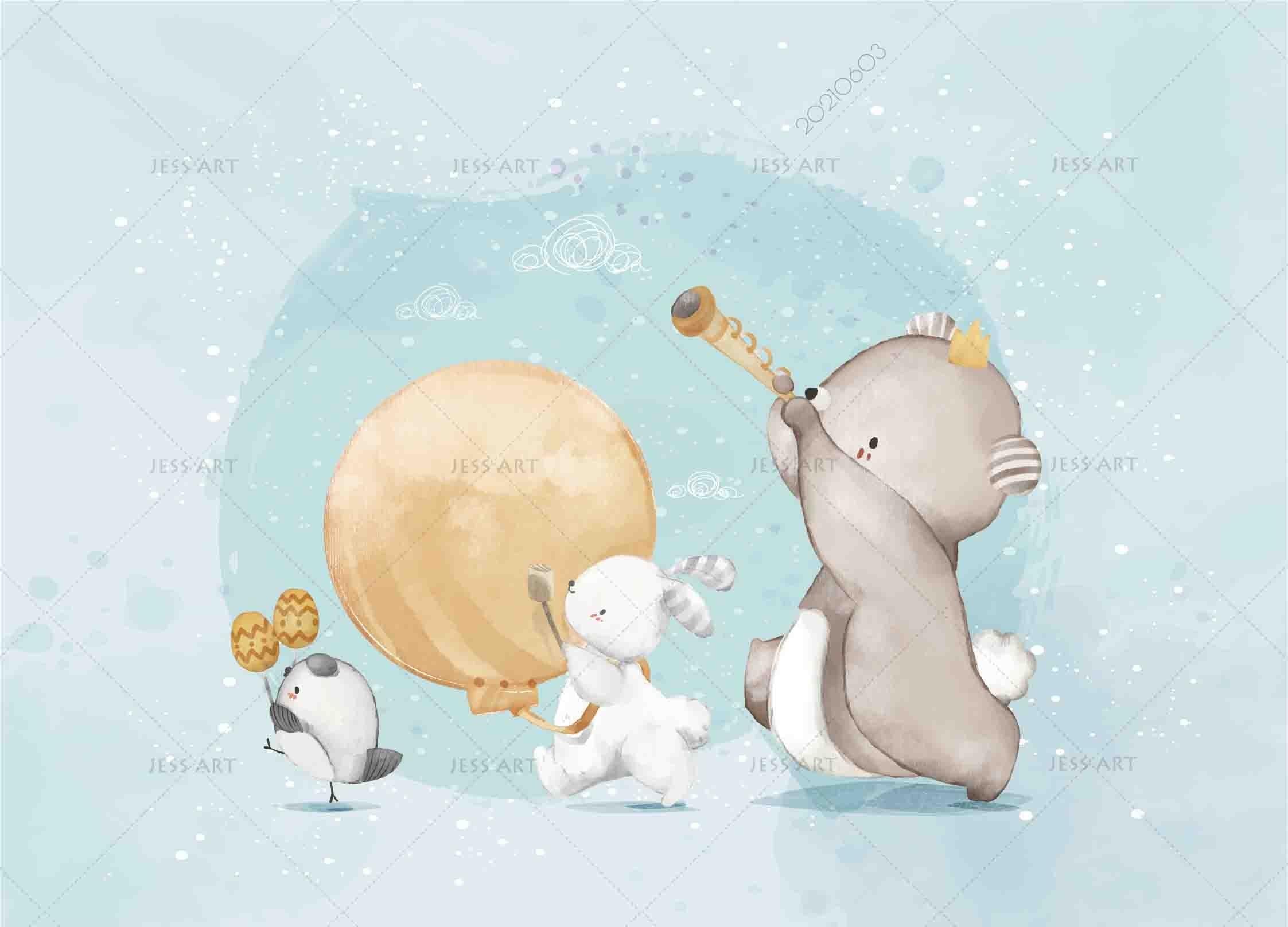 3D  Animal Cute Watercolor  Parade Wall Mural Wallpaper SWW560- Jess Art Decoration