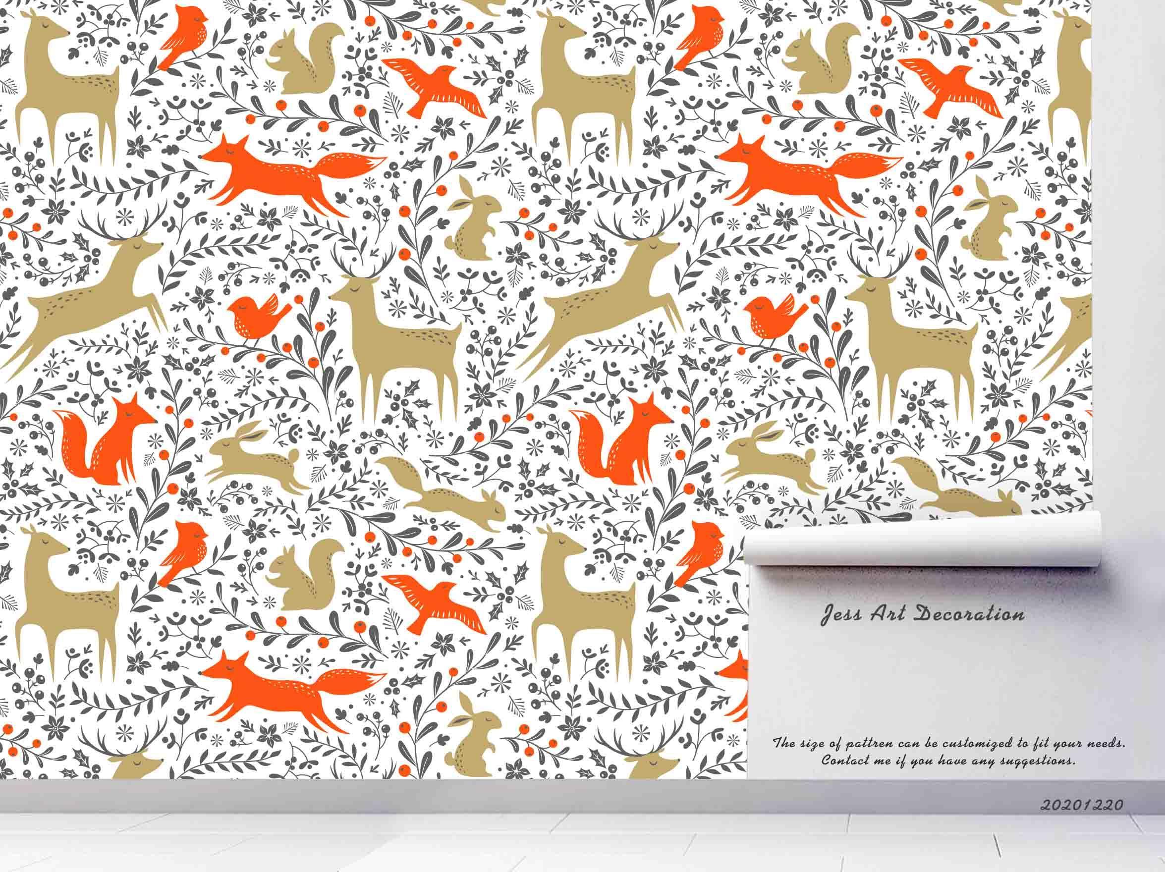 3D Hand Drawn Animal Fox Elk Leaf Wall Mural Wallpaper LQH 48- Jess Art Decoration