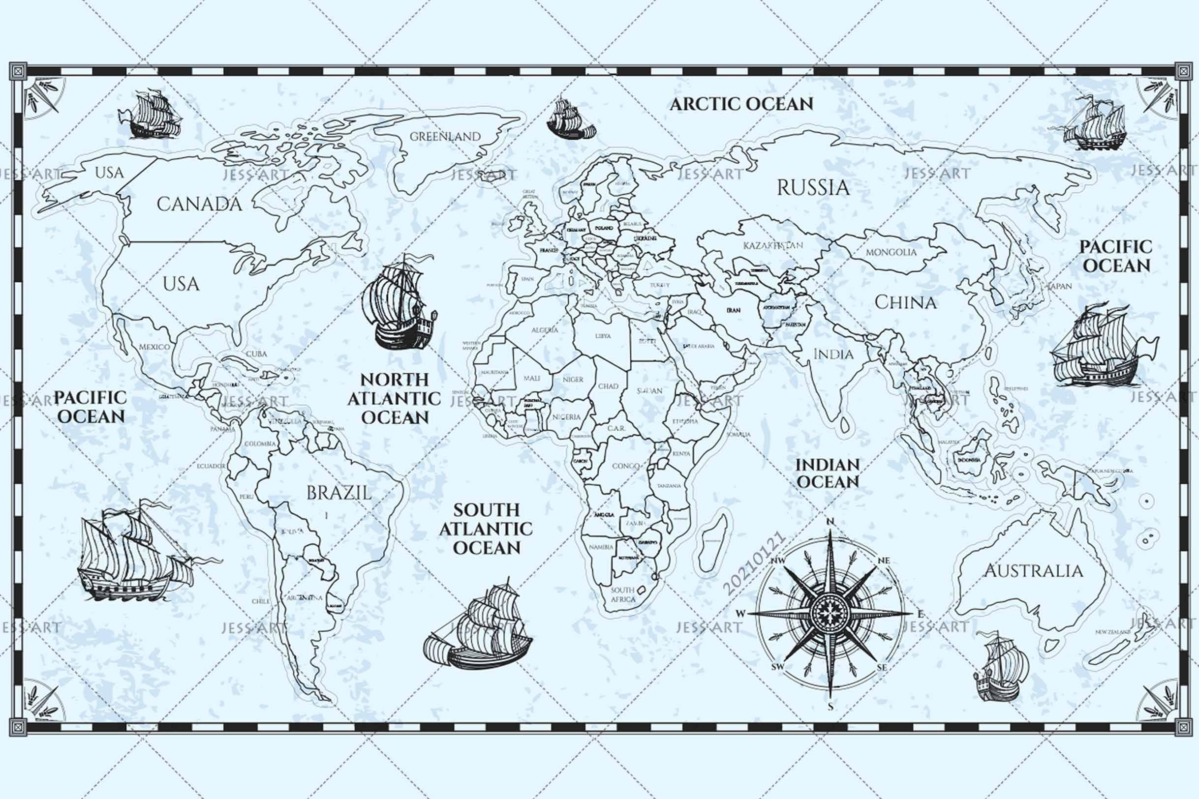 3D Hand Drawn Blue World Map Wall Mural Wallpaper LQH 6- Jess Art Decoration