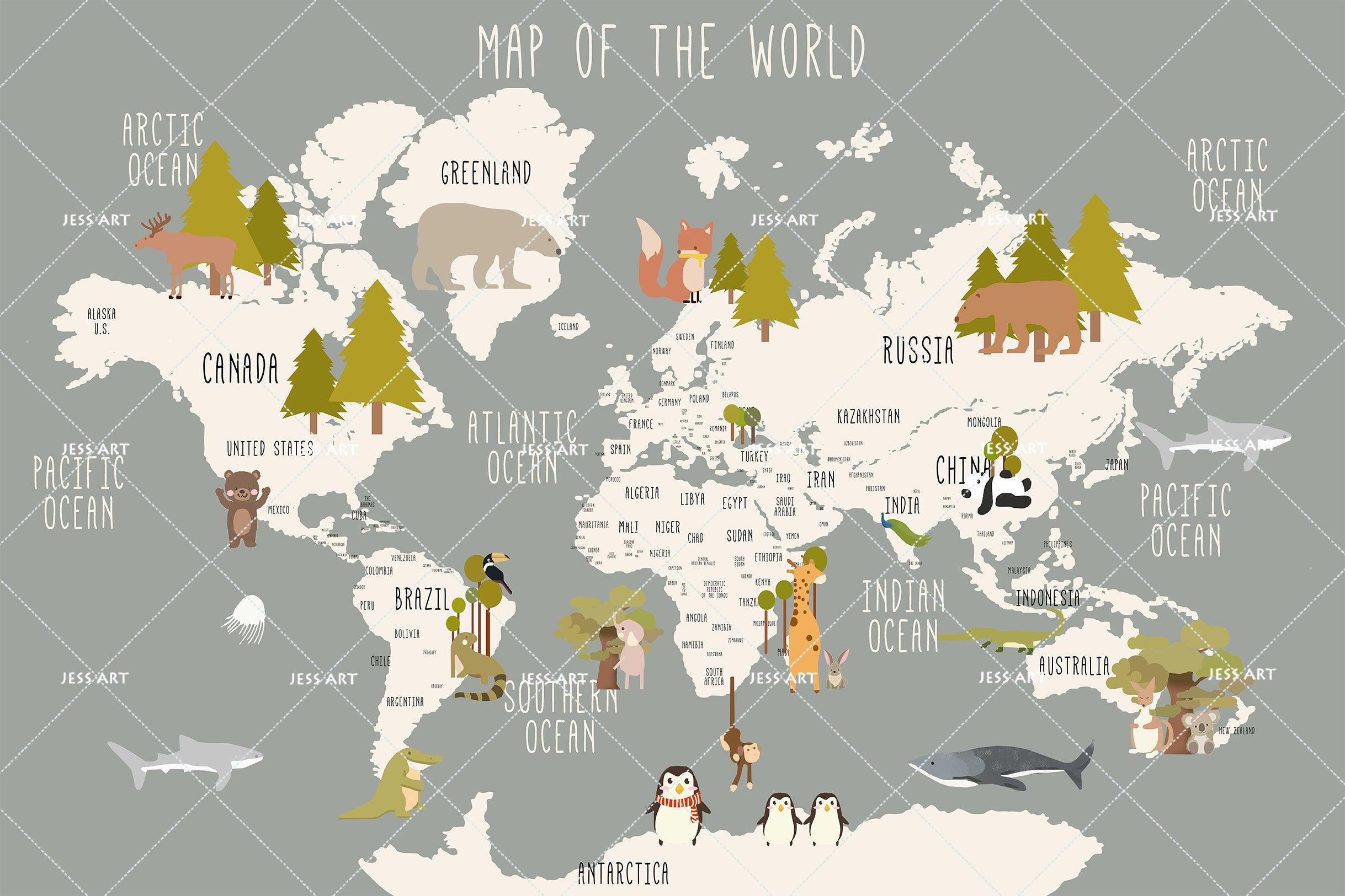 3D Cartoon Grey Forest World Map Wall Mural Wallpaper LQH 99- Jess Art Decoration