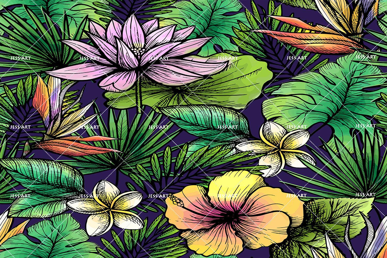 3D Tropical Flowers Green Leaves Wall Mural Wallpaper 102- Jess Art Decoration
