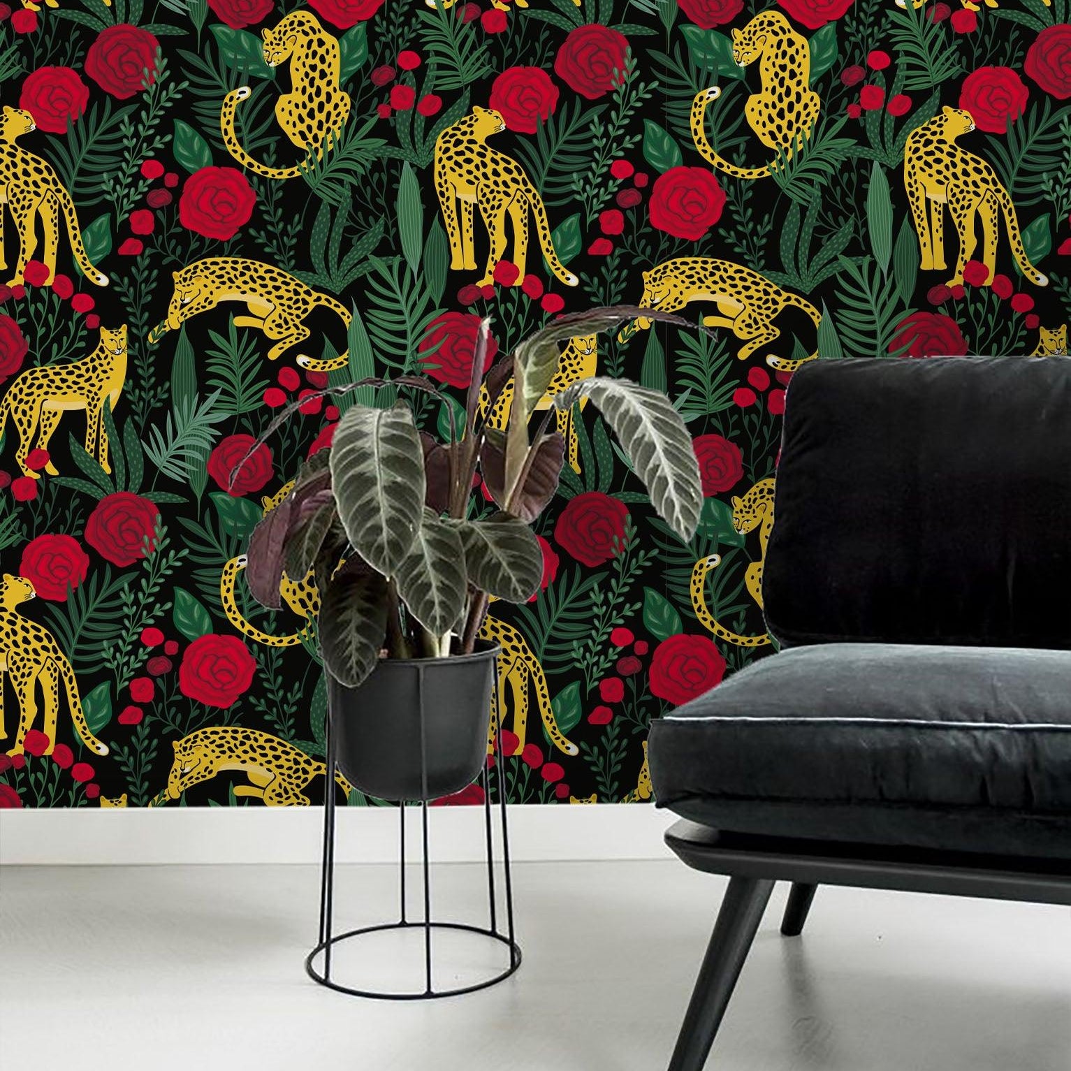 3D Leopard Red Flowers Green leaves Wall Mural Wallpaper 60- Jess Art Decoration