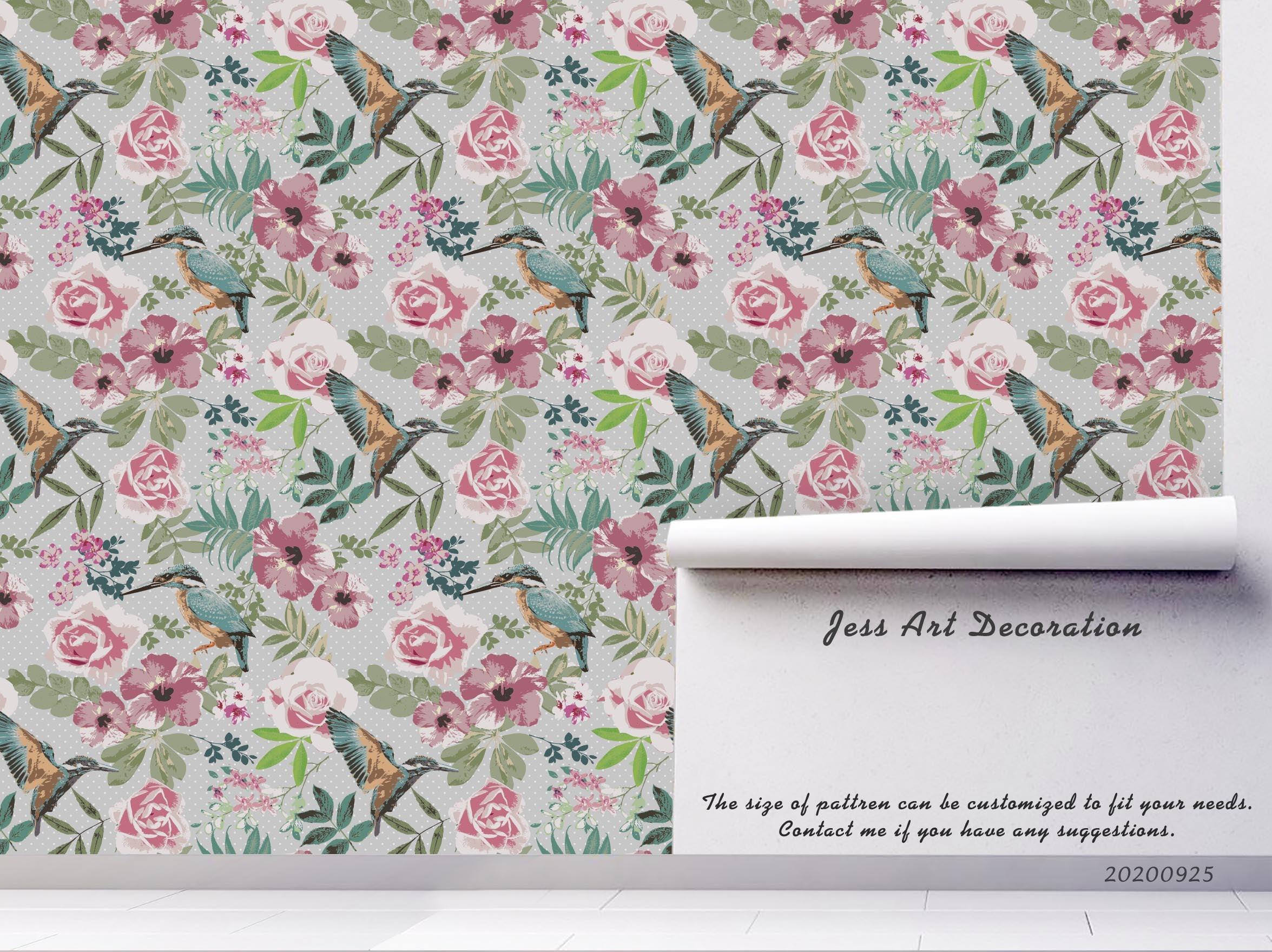 Cartoon Bird Animal Pink Floral Partten Plant Wall Mural Wallpaper LXL- Jess Art Decoration