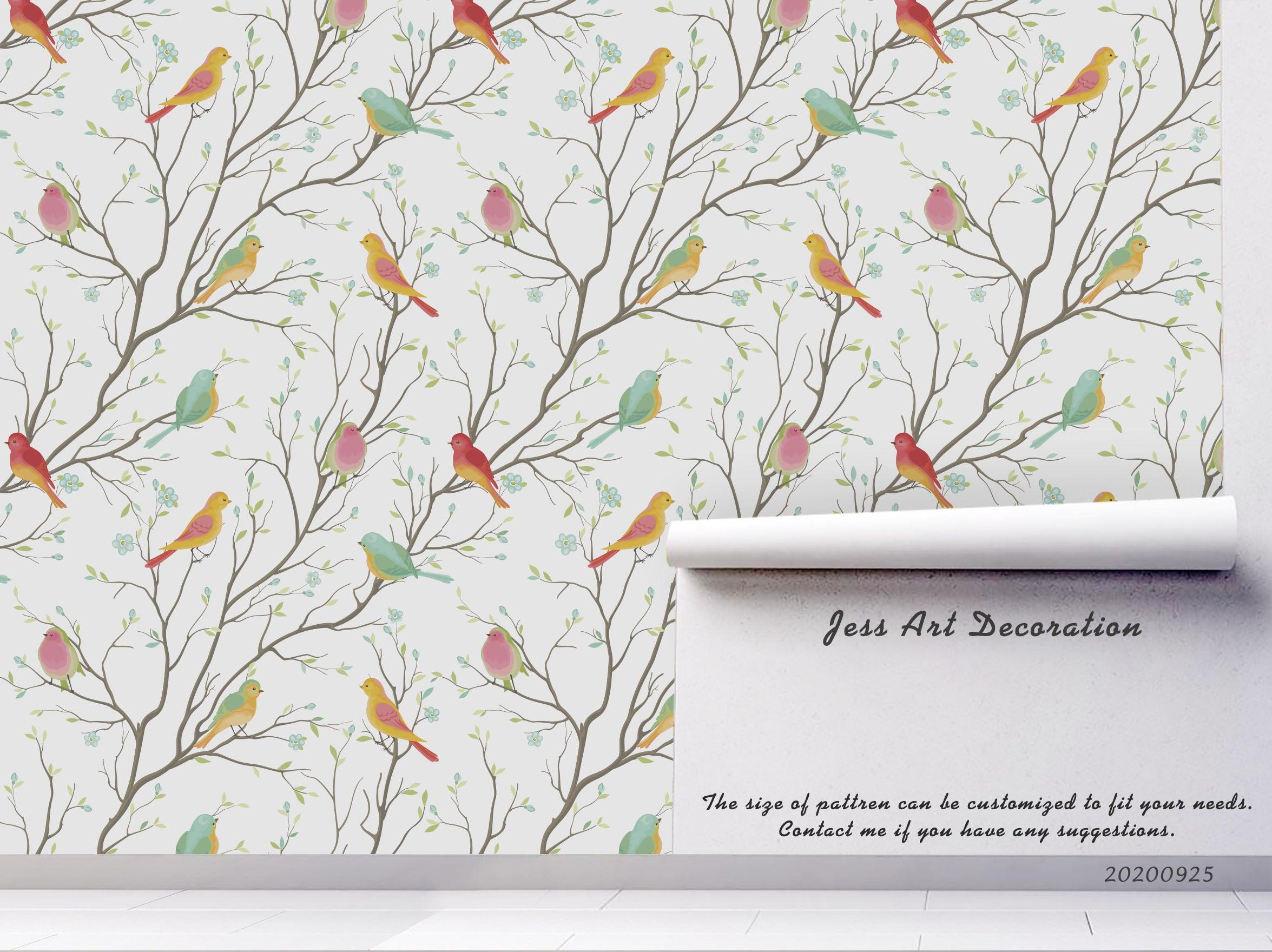 Cartoon Colorful Bird Animal Pattern Tree Branch Wall Mural Wallpaper LXL- Jess Art Decoration