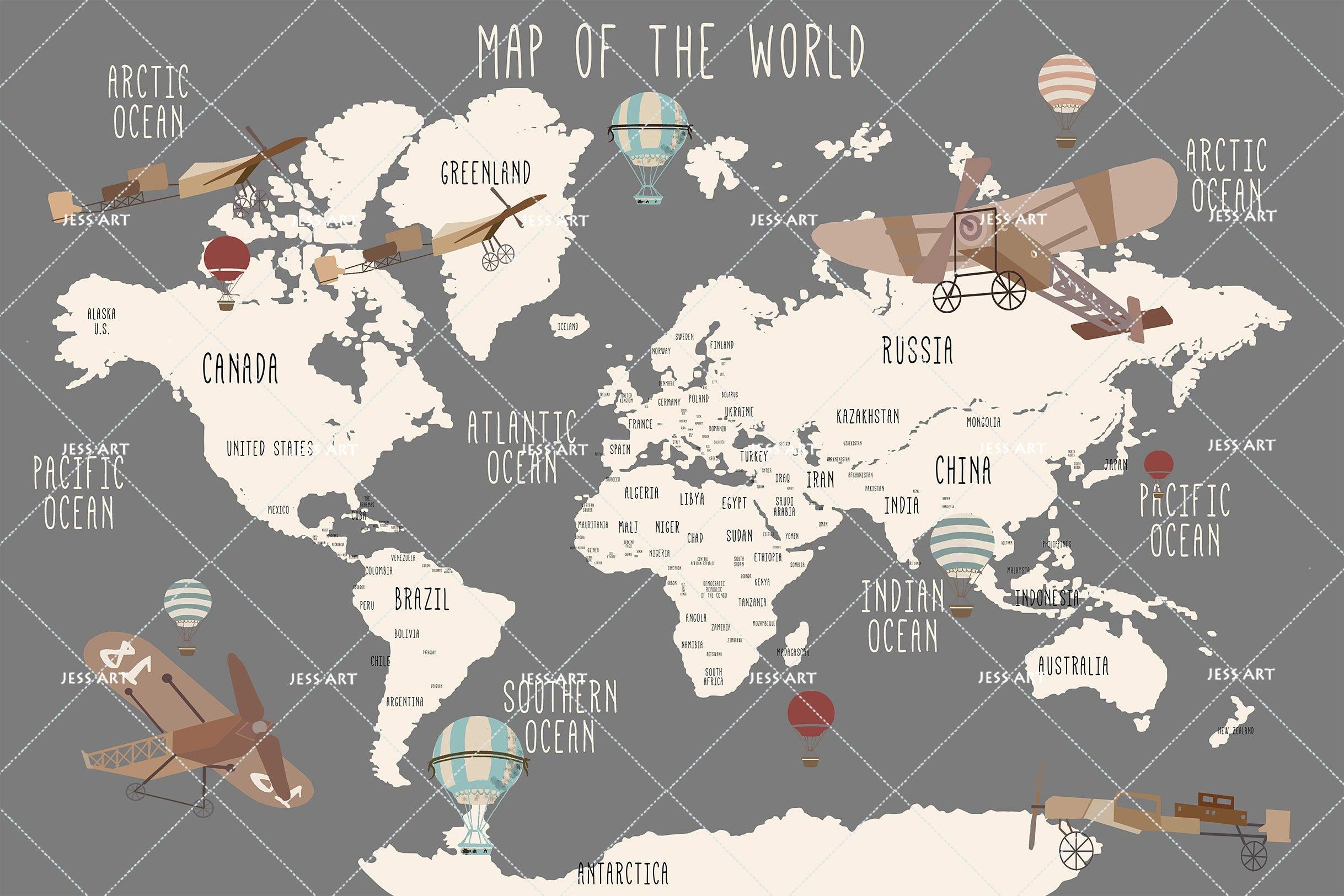 3D Cartoon Grey World Map Wall Mural Wallpaper LQH 94- Jess Art Decoration