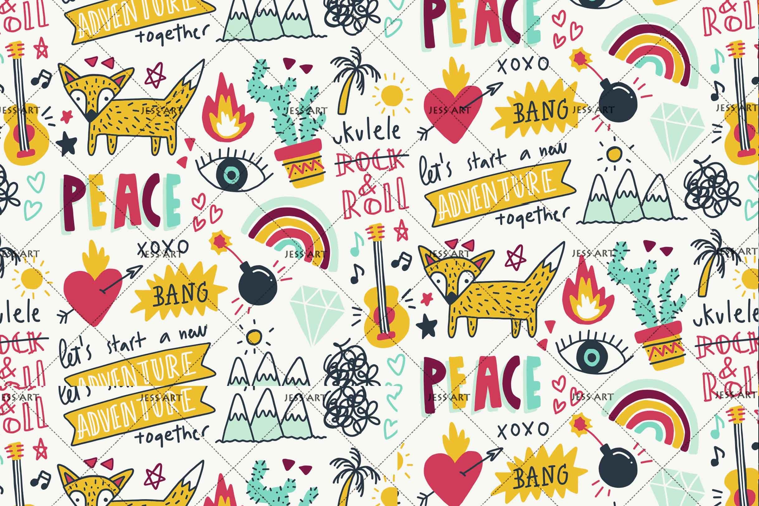 3D Cartoon Fox Guitar Cactus Rainbow Bomb Palm Tree Wall Mural Wallpaper SF54- Jess Art Decoration