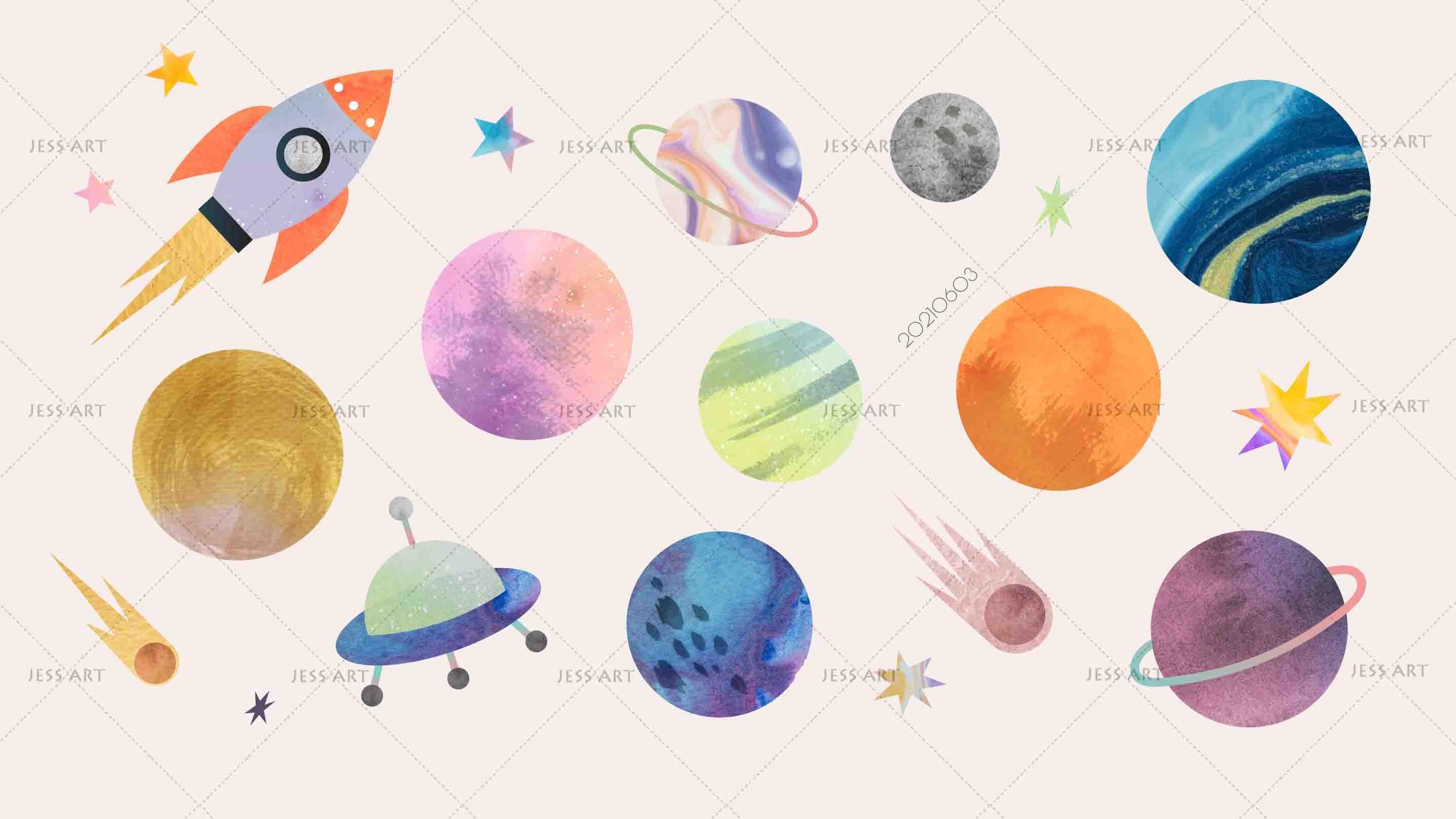 3D Watercolor Galaxy Planet Spaceship Wall Mural Wallpaper SWW568- Jess Art Decoration