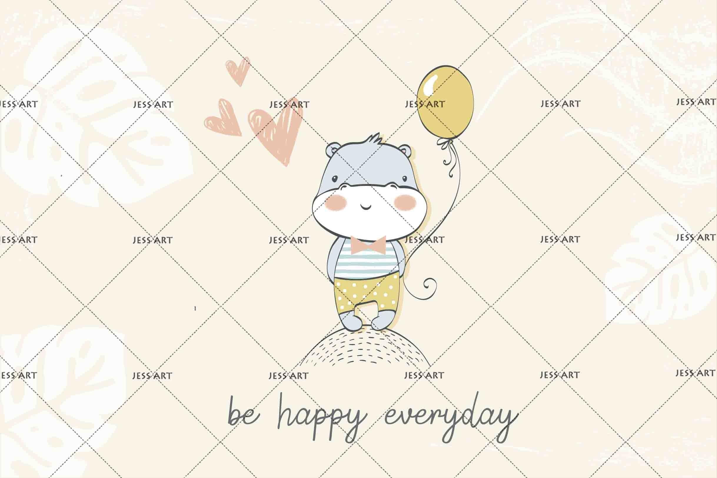3D Cartoon Hippo Love Balloon Wall Mural Wallpaper A230 LQH- Jess Art Decoration