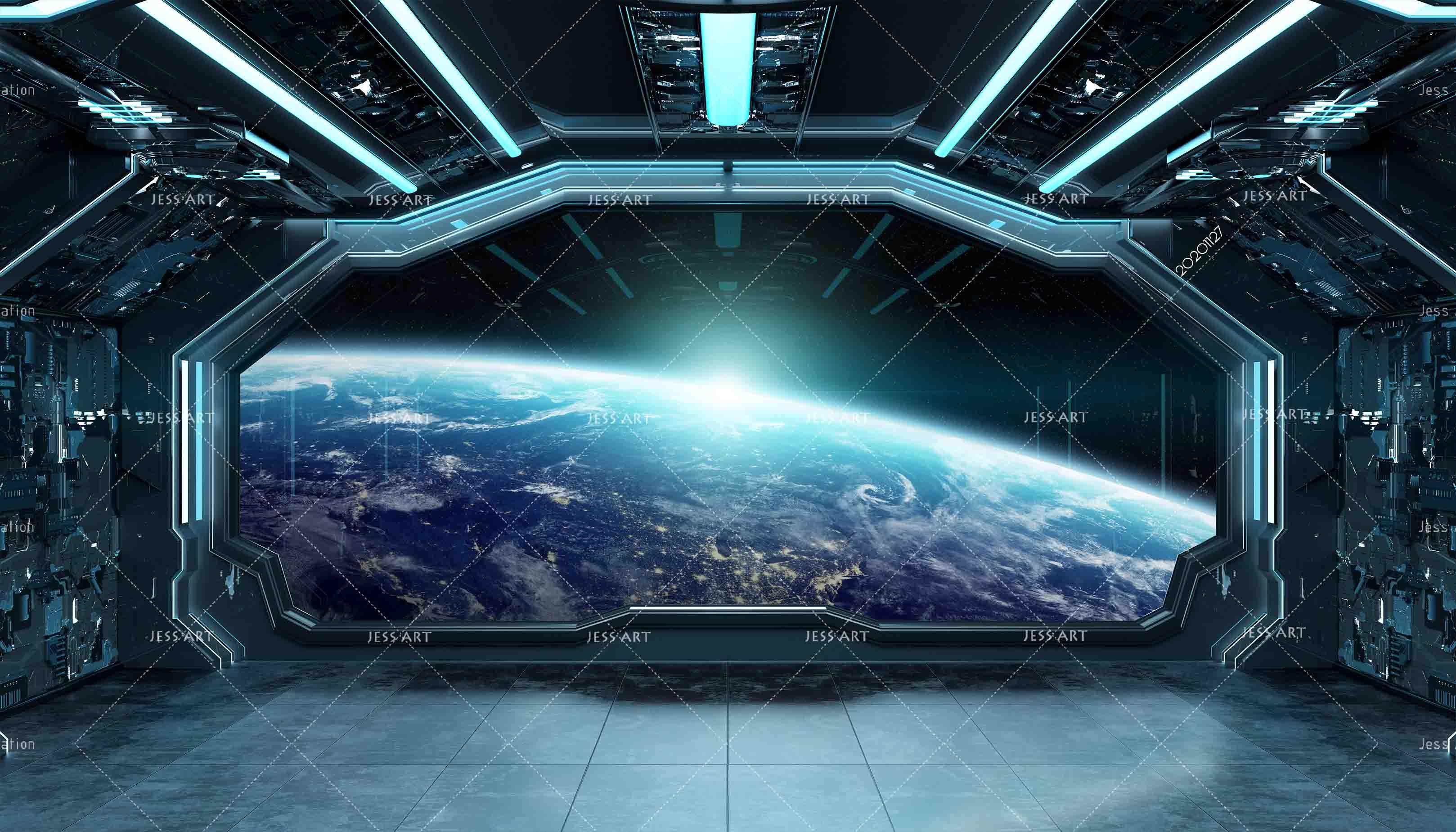 3D Space Dark Blue Spaceship Futuristic Interior Window View Planet Earth Mural Wallpaper LXL- Jess Art Decoration