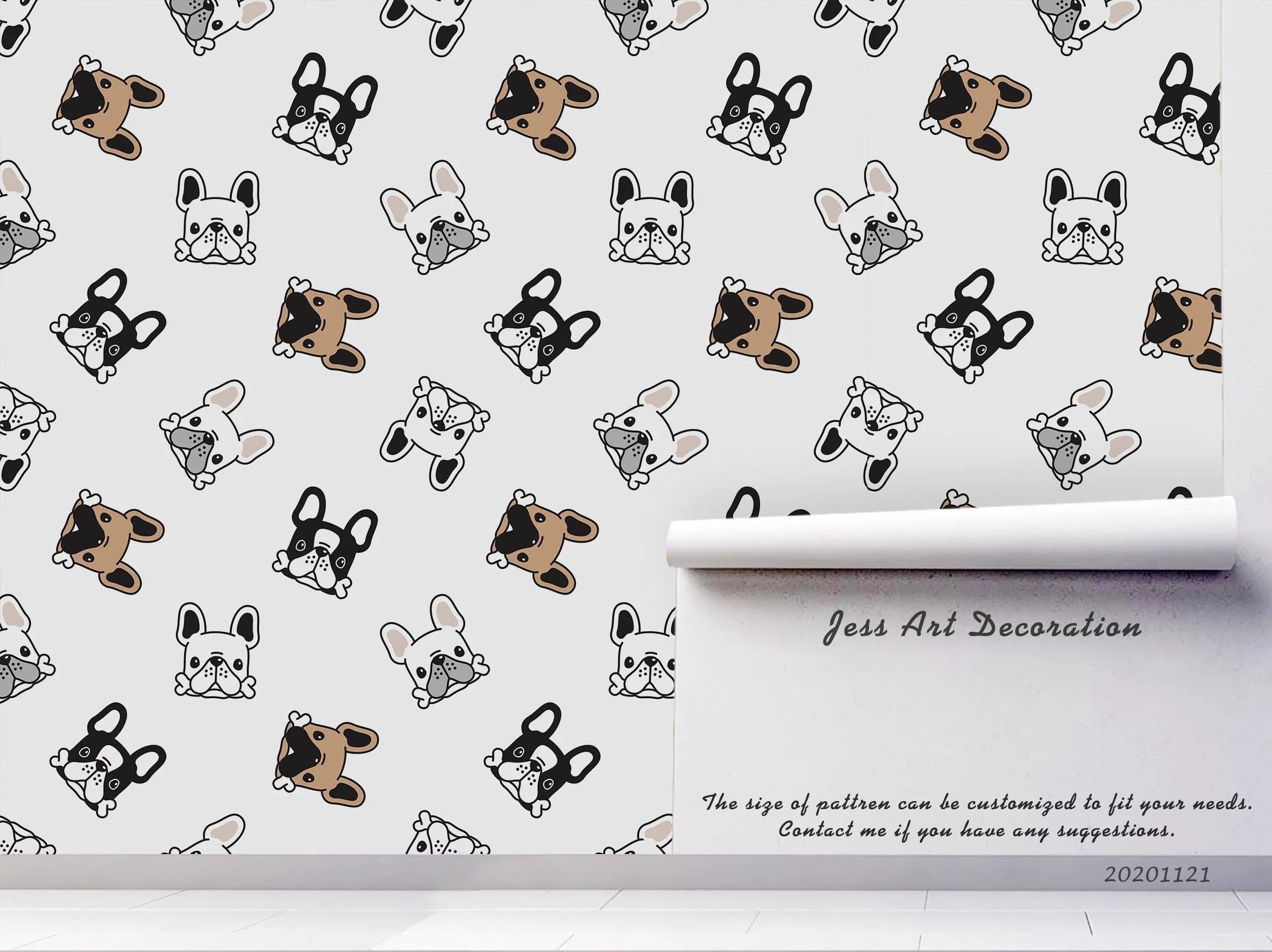 3D Cartoon Hand Drawn French Bull Dog Animal Pattern Wall Mural Wallpaper LXL- Jess Art Decoration