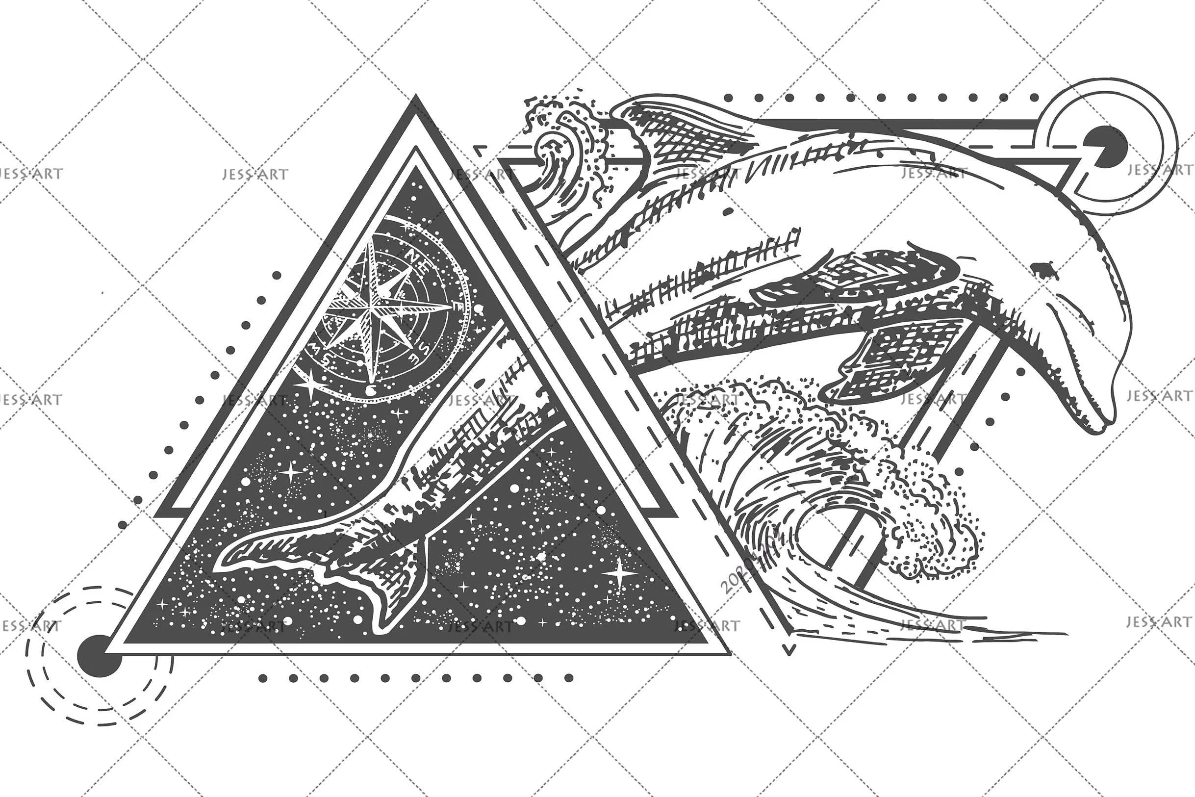 3D Hand Drawn Dolphin Tattoo Art Style Triangle Frame Wall Mural Wallpaper LXL- Jess Art Decoration