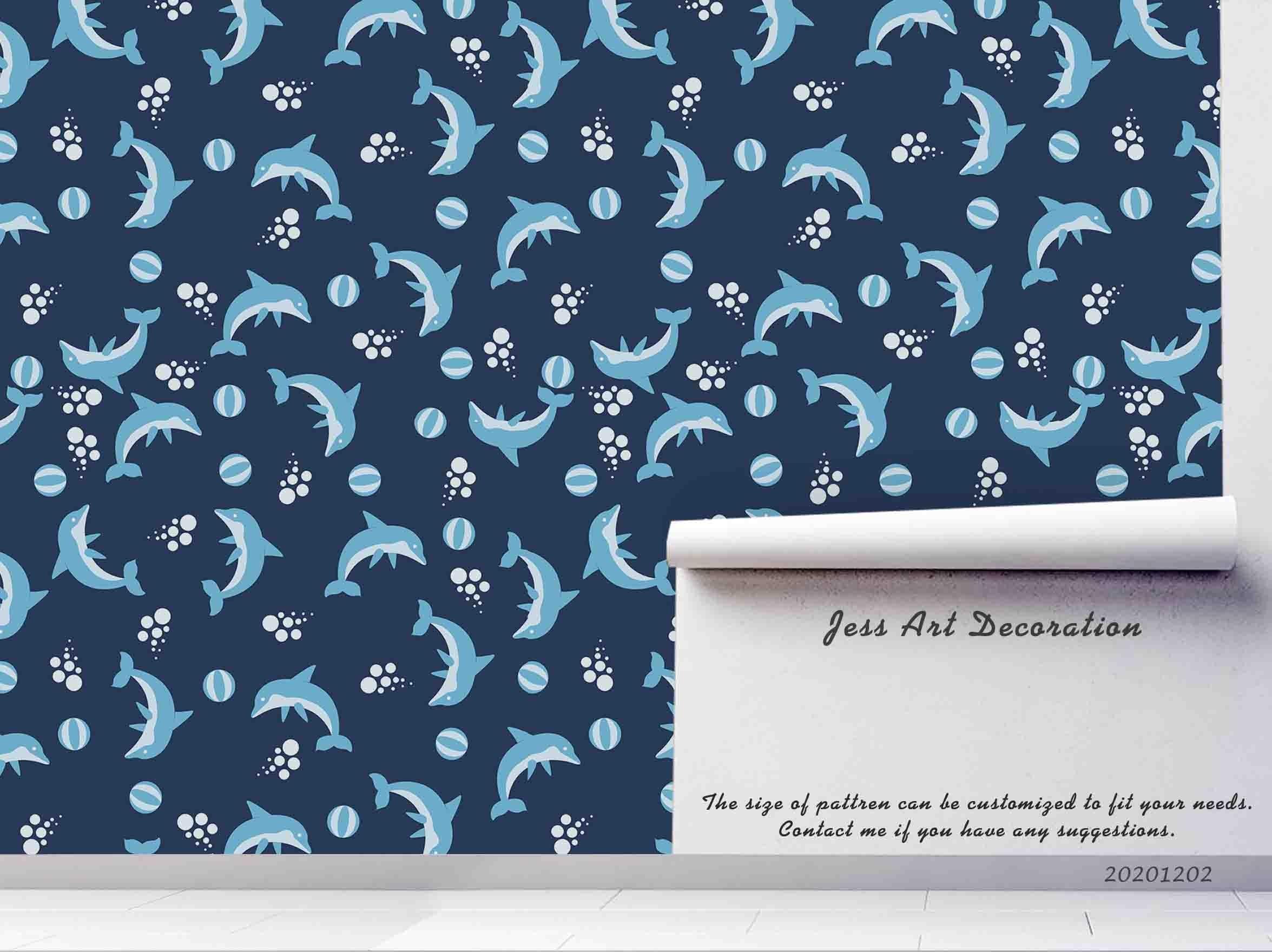 3D Cartoon Hand Drawn Blue Ocean Dolphin Fish Square Pattern Wall Mural Wallpaper LXL- Jess Art Decoration