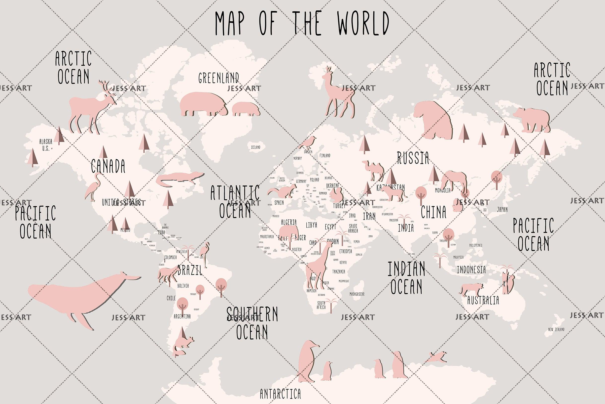 3D Pink Animals World Map Wall Mural Wallpaper 30- Jess Art Decoration