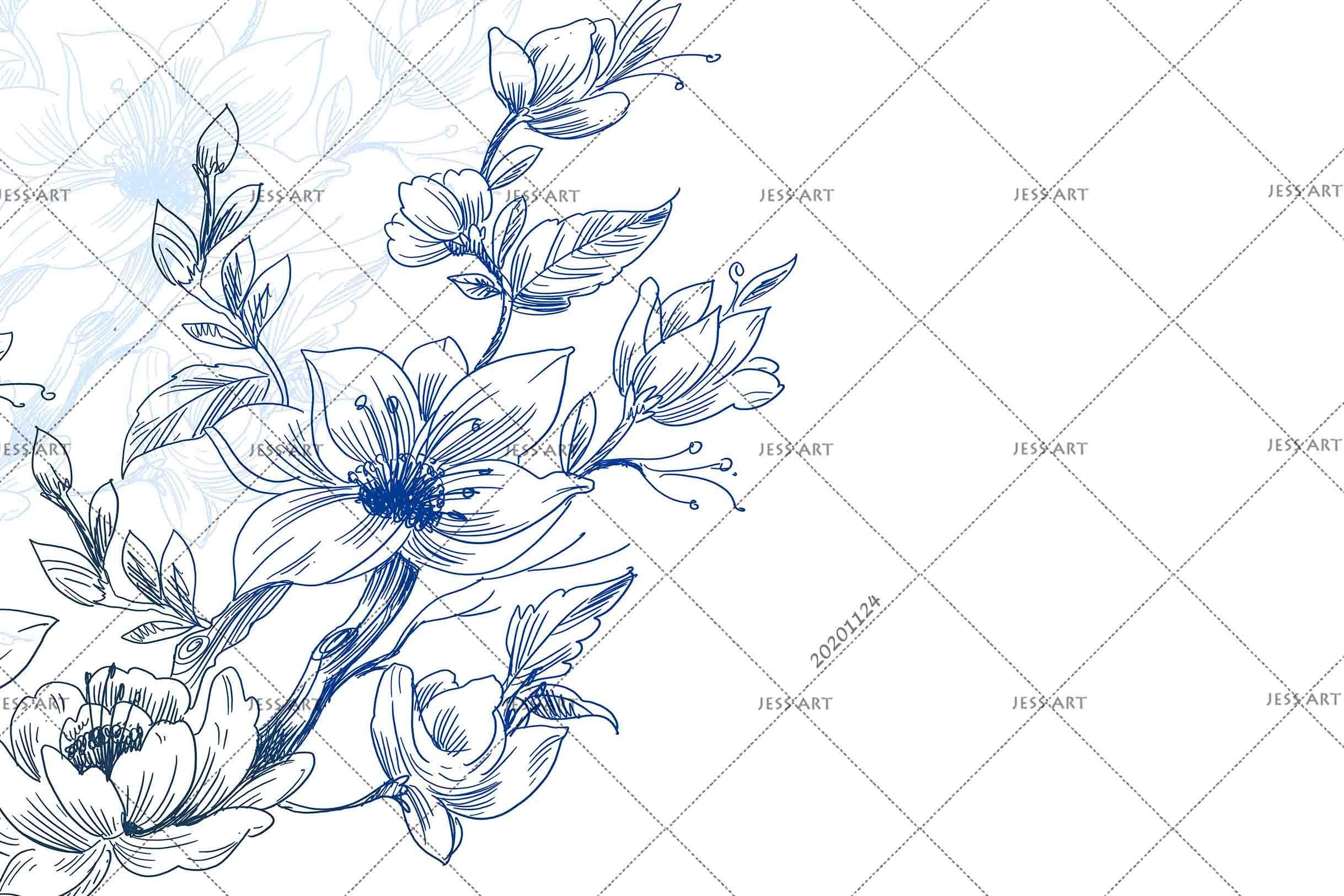 3D Hand Drawn Blue Floral Wall Mural Wallpaper LQH 116- Jess Art Decoration