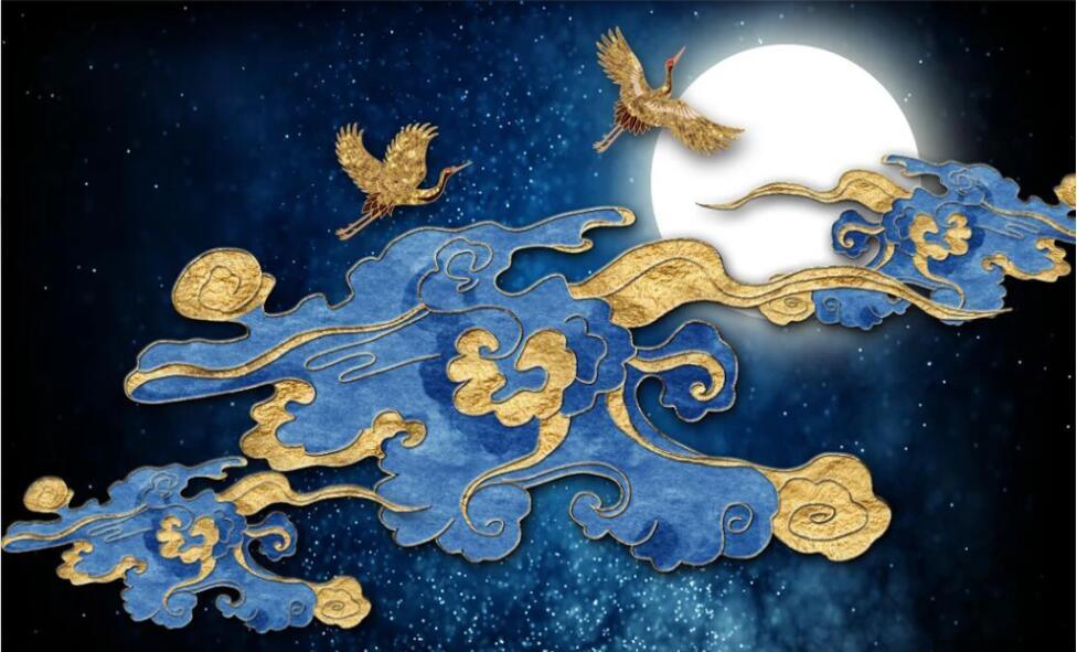 3D Blue Star Sky Moon Clouds Crane Wall Mural Wallpaper 1610- Jess Art Decoration