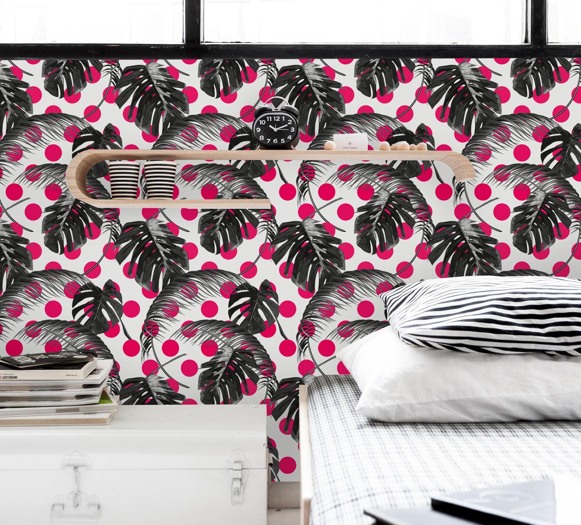 3D Black Leaves Pink Dots Wall Mural Wallpaper 141- Jess Art Decoration